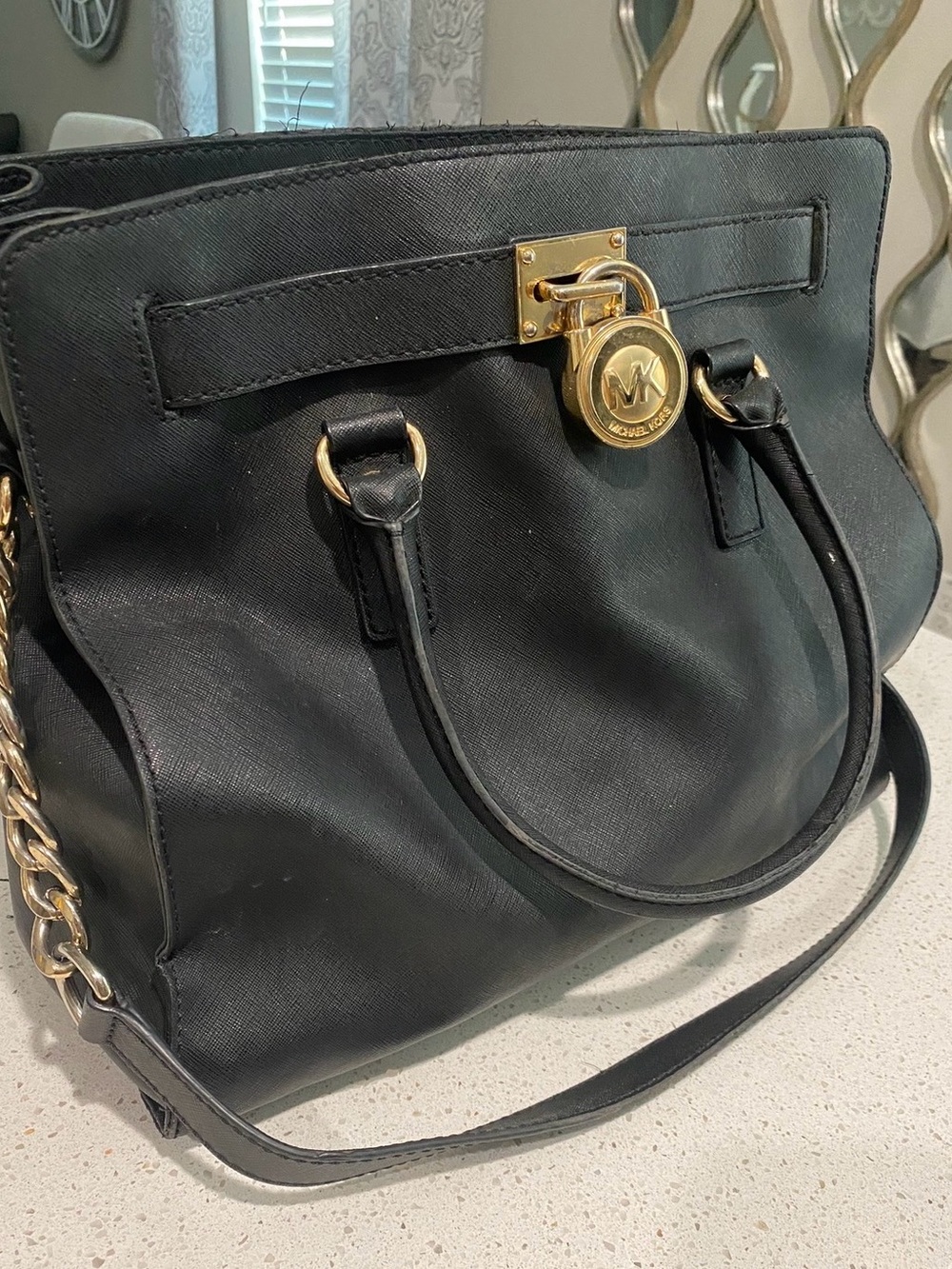 Michael Kors Black Leather Satchel with Gold Lock Charm